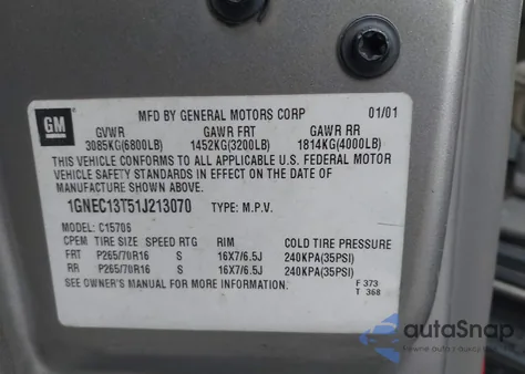 2001 Chevrolet Tahoe Lt из США, поврежденный, VIN 1GNEC13T51J213070